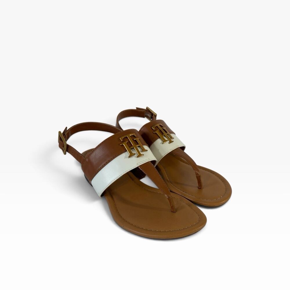 Tommy Hilfiger Leather Thong Sandals Buckle Logo Womens 7.5 Brown White